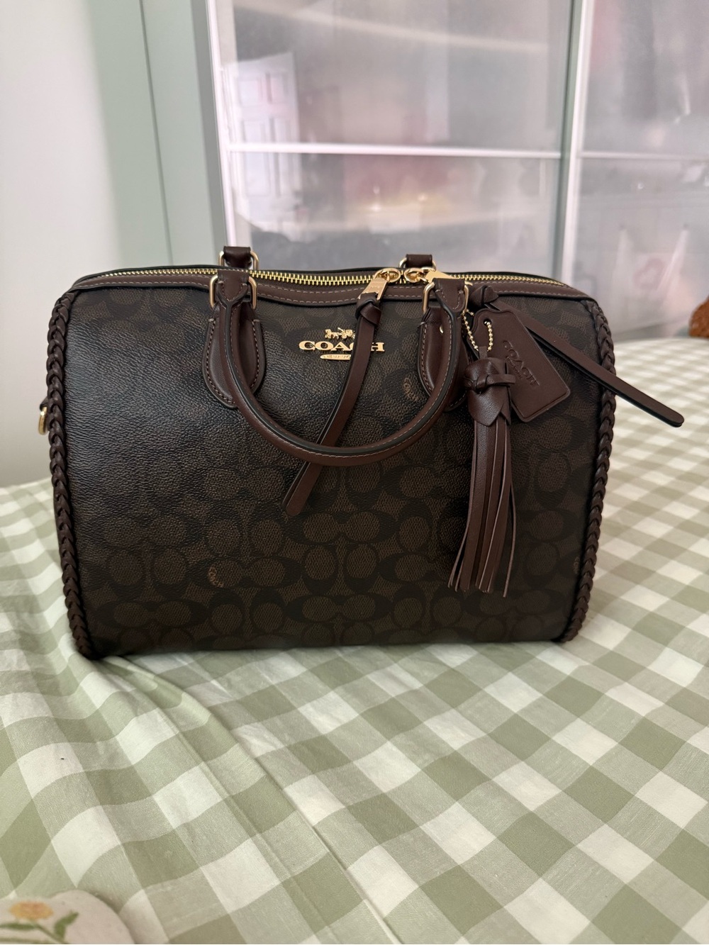 Coach Brown Signature Canvas Braided Satchel with Tassel